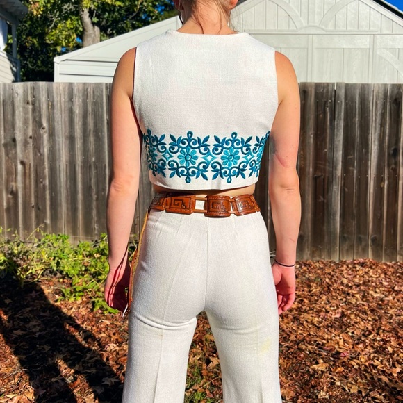 1960's Cotton/Linen Embroidered Vest Flares Ensemble - Picture 7 of 10
